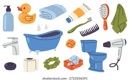 Ilustración vectorial de artículos de baño para bebés, incluyendo botella de champú, jabón, pato de goma y toalla. Diseño minimalista plano sin contornos, dibujado con Formas sólidas. Adecuado para el cuidado de los niños y conceptos de higiene.