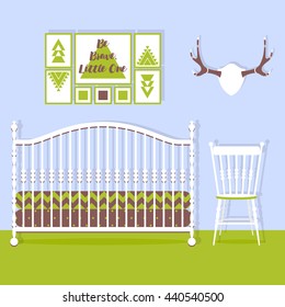 Vector illustration with baby bed, chair and poster in flat style. Trendy nursery interior design