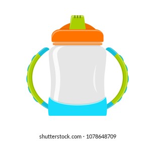 Vector illustration. Baby bottle with handles and lid.