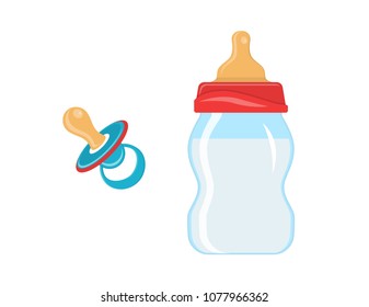Vector illustration. Baby bottle with a pacifier. Isolated on white background in a flat style.