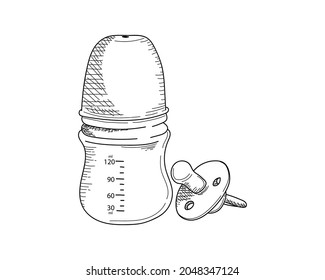 Vector illustration baby bottle with pacifier sketch in silhouette on a white background.Perfect for greeting cards, party invitations, posters, stickers, pin, scrapbooking, icons.