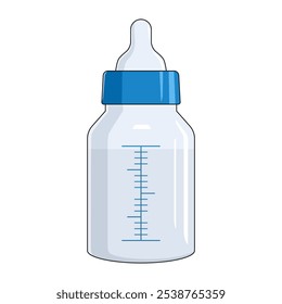 Vector illustration of baby bottle and pacifier isolated on a white background, white milk container