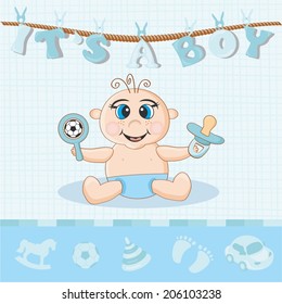 Vector illustration baby boy arrival announcement card