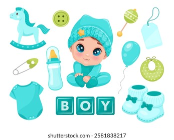 vector illustration of a baby boy in a blue onesie with various baby items. Ideal for creating baby-themed designs, greeting cards, and social media graphics. Vector illustration