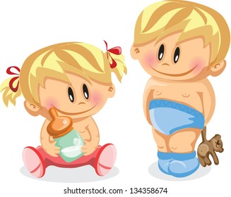 Vector illustration of baby boy and baby girl