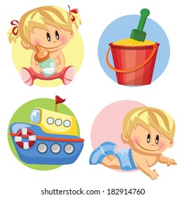 Vector illustration of baby boy, baby girl and nursery accessories