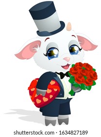 Vector illustration of baby boy goat in evening dress and tall top hat with bouquet of red roses and valentines day heart shaped box of candies isolated on white background