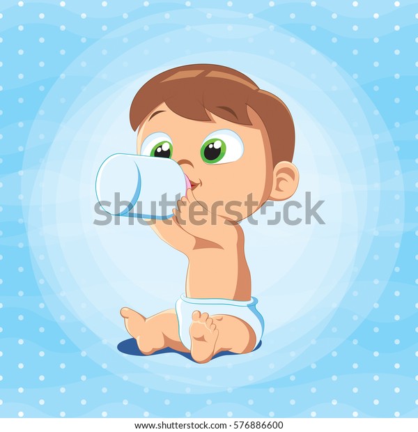 牛乳瓶を持つ少年のベクターイラスト ミルクを飲みながら座っている小さな赤ちゃん のベクター画像素材 ロイヤリティフリー