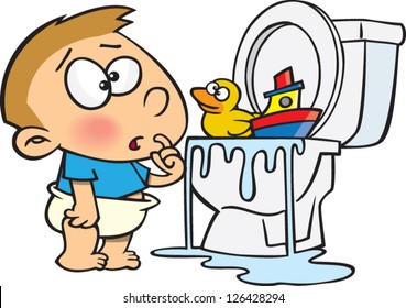 Vector illustration of baby boy plugging and overflowing toilet with his toys