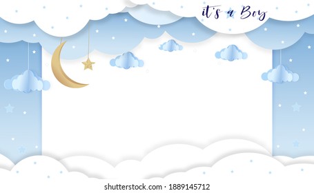 Vector illustration for baby boy shower card on blue background,Paper art abstract origami cloudscape, crescent moon and stars on blue sky,Cute paper cut with copy space for baby's photos