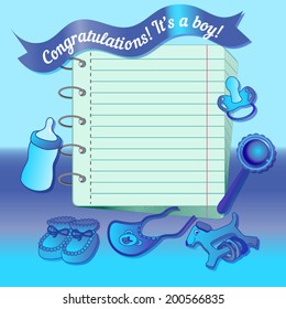 Vector illustration - baby boy shower card with teddy bear, beanbag, bottle and bootees. Postcard-congratulation with the newborn 