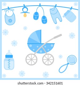 Vector illustration of baby boy shower items