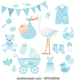 Vector illustration for baby boy shower and baby items. svg
