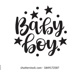 Vector illustration of Baby boy text for kids clothes.  Badge, tag, icon. T-shirt design, card, banner template. Lettering typography.