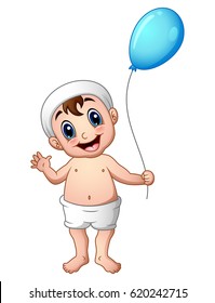 Vector illustration of Baby boy waving with holding a balloon