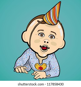 Vector illustration of  baby boy wearing a birthday hat