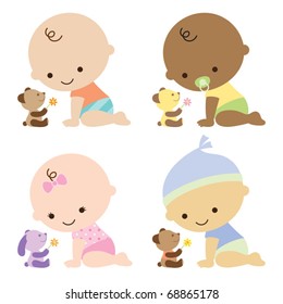 Vector illustration of baby boys and baby girl with cute teddy bears.