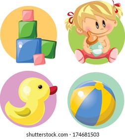 Vector illustration of baby boys, baby girls and nursery accessories