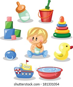 Vector illustration of baby boys, baby girls and nursery accessories 