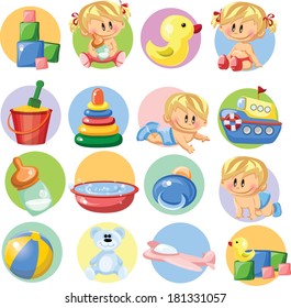 Vector illustration of baby boys, baby girls and nursery accessories 