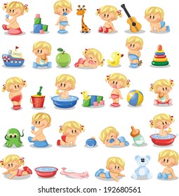 Vector illustration of baby boys, baby girls and nursery accessories