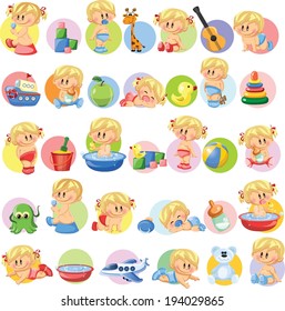 Vector illustration of baby boys, girls  and nursery accessories 