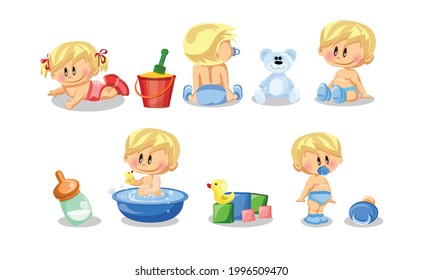 Vector illustration of baby boys and baby girls and daily routine set of cute cartoon Infancy and Infant Illustrations