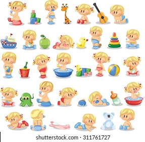 Vector illustration of baby boys and baby girls and accessories