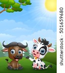 vector illustration of Baby buffalo and baby cow cartoon in the jungle