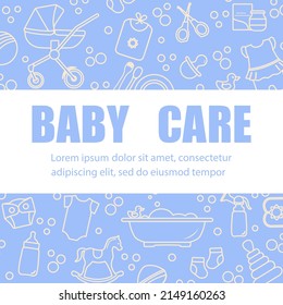 Vector illustration Baby care items Feeding, clothing, toys, health care stuff, accessories. Newborn things background. Stroller, breast pump, goods for babies. Childhood. Motherhood Family Parents