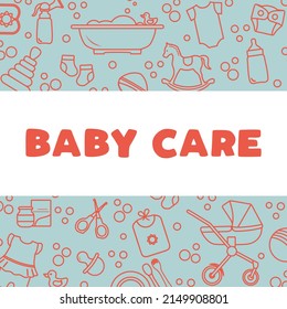 Vector illustration Baby care items Feeding, clothing, toys, health care stuff, accessories. Newborn things background. Stroller, breast pump, goods for babies. Childhood. Motherhood Family Parents