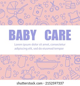 Ilustración vectorial Artículos para el cuidado del bebé Alimentación, ropa, juguetes, material para la atención de la salud, accesorios. Los antecedentes de los recién nacidos. Tapón, bomba de mama, productos para bebés. Niñez. Padres de la Familia Maternoinfantil