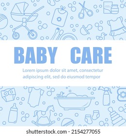Vector illustration Baby care items Feeding, clothing, toys, health care stuff, accessories. Newborn things background. Stroller, breast pump, goods for babies. Childhood. Motherhood Family Parents