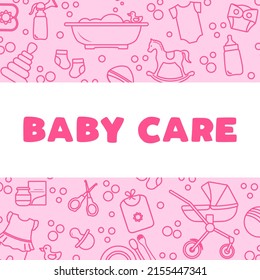 Vector illustration Baby care items Feeding, clothing, toys, health care stuff, accessories. Newborn things background. Stroller, breast pump, goods for babies. Childhood. Motherhood Family Parents