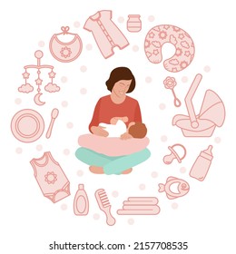 Vector illustration Baby care items. Motherhood Happy new mom holds her baby. Woman hugs infant. Feeding, clothing, toys, health care stuff, accessories. Newborn Mother's Day Family Childhood Parents