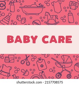 Vector illustration Baby care items Feeding, clothing, toys, health care stuff, accessories. Newborn things background. Stroller, breast pump, goods for babies. Childhood. Motherhood Family Parents