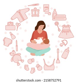 Vector illustration Baby care items. Motherhood Happy new mom holds her baby. Woman hugs infant. Feeding, clothing, toys, health care stuff, accessories. Newborn Mother's Day Family Childhood Parents