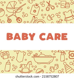 Vector illustration Baby care items Feeding, clothing, toys, health care stuff, accessories. Newborn things background. Stroller, breast pump, goods for babies. Childhood. Motherhood Family Parents