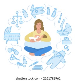 Vector illustration Baby care items. Motherhood Happy new mom holds her baby. Woman hugs infant. Feeding, clothing, toys, health care stuff, accessories. Newborn Mother's Day Family Childhood Parents