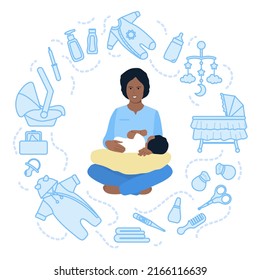 Vector Illustration Baby Care Items. Motherhood Happy New Mom Holds Her Baby. Woman Hugs Infant. Feeding, Clothing, Toys, Health Care Stuff, Accessories. Newborn Mother's Day Family Childhood Parents
