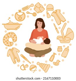 Vector illustration Baby care items. Motherhood Happy new mom holds her baby. Woman hugs infant. Feeding, clothing, toys, health care stuff, accessories. Newborn Mother's Day Family Childhood Parents