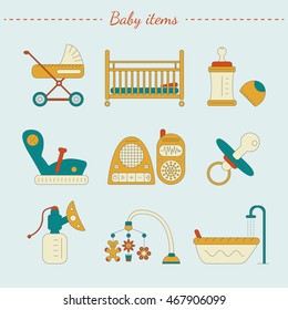 Vector illustration of baby care items. Set of infant equipment in bright colors.