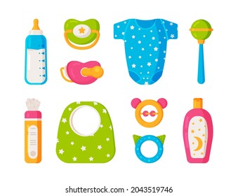 Vector illustration of a baby care and play kit. Colored baby icons. Baby kit.