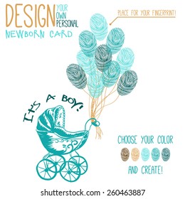 Vector illustration of  baby carriage for newborn boy. Variant of design of your newborn card