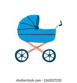 vector illustration with baby carriage stroller. Cartoon trendy design style icon. Child Transport. Vector illustration for child's born card or print