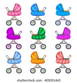 Vector illustration of baby carriages. Color set of cartoon prams for kids. Isolated on white background.