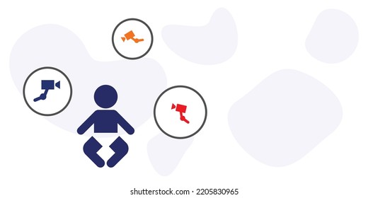 Vector Illustration Of Baby Or Child With Nanny Camera For Babysitting 