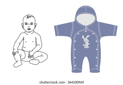 Vector illustration baby and children`s overalls. Baby clothes icon. Newborn clothing. Blue overalls for a boy.