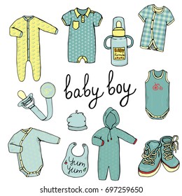 Vector illustration of baby clothes. Baby boy clothes set. Children fashion set. Stylish clothes and accessories for children isolated on white background