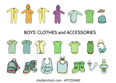 Vector illustration of baby clothes. Baby boy clothes set. Children fashion set. Stylish clothes and accessories for children isolated on white background